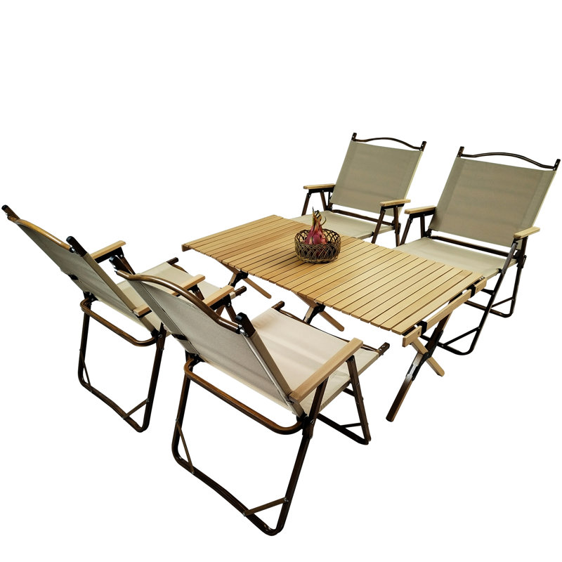 Foldable Portable Dining Table And Chair - Natural Style For Various Occasions 1 & 4 Chairs. Wood With Aluminum Frame Suitable Indoor Outdoor. Easy To Assemble. Ideal Camping, Fishing, Beaches. 2