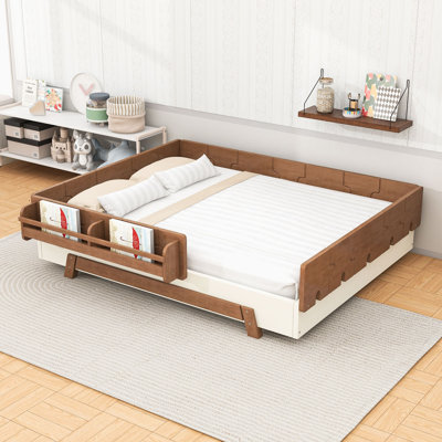Lit plateforme double en bois avec tablettes