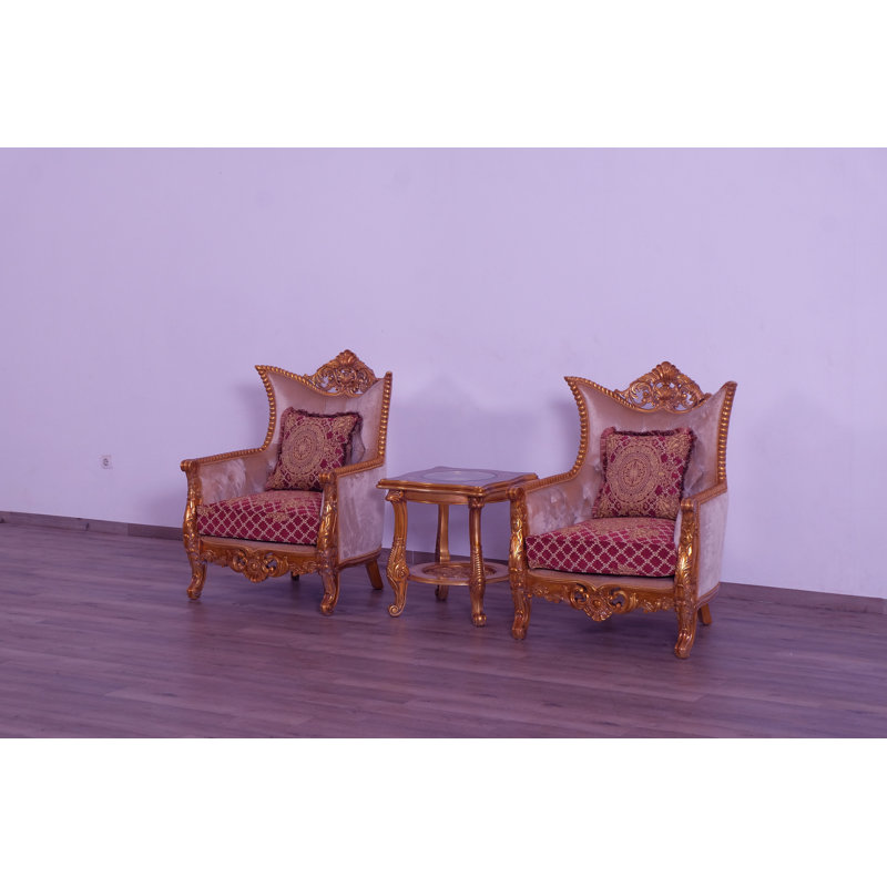 3 Piece Modigliani Sofa Red Gold Fabric, Red Burgundy/Gold