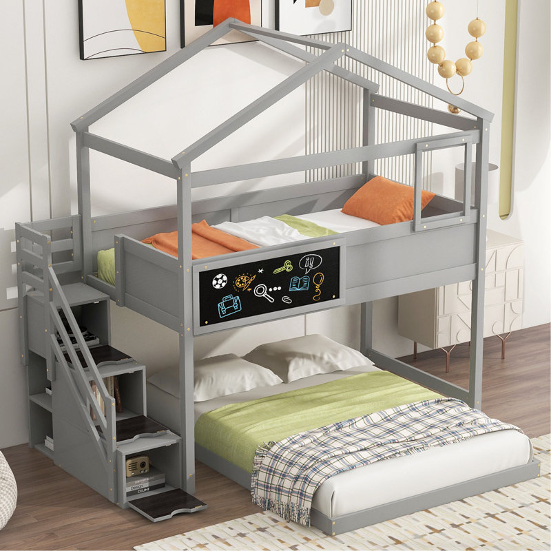 Twin Over Full House Bunk Bed With Storage Staircase And Blackboard, Gray