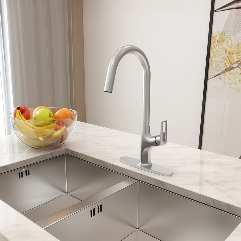 CASAINC Single-Handle Pull-Down Kitchen Faucet Single Hole Faucet with Deck Plate, Brushed Nickel