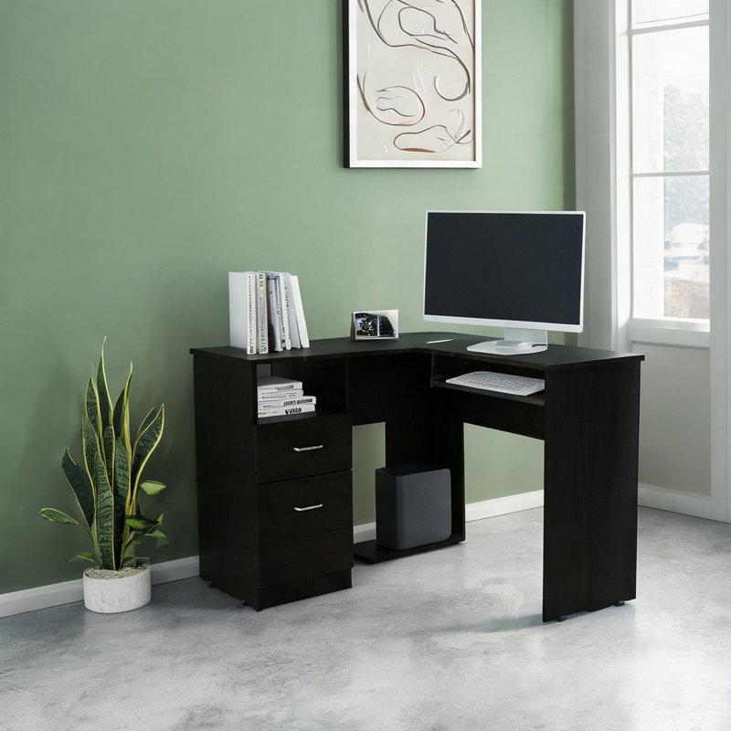 Bureau d'ordinateur en L avec plateau à clavier, tiroirs et tablette en panneau de particules noir mat, 47,2 x 41,3 x 47,2 pouces