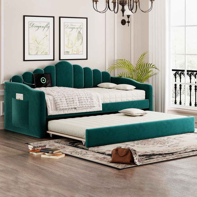 Twin size Upholstered Daybed with Trundle, Green