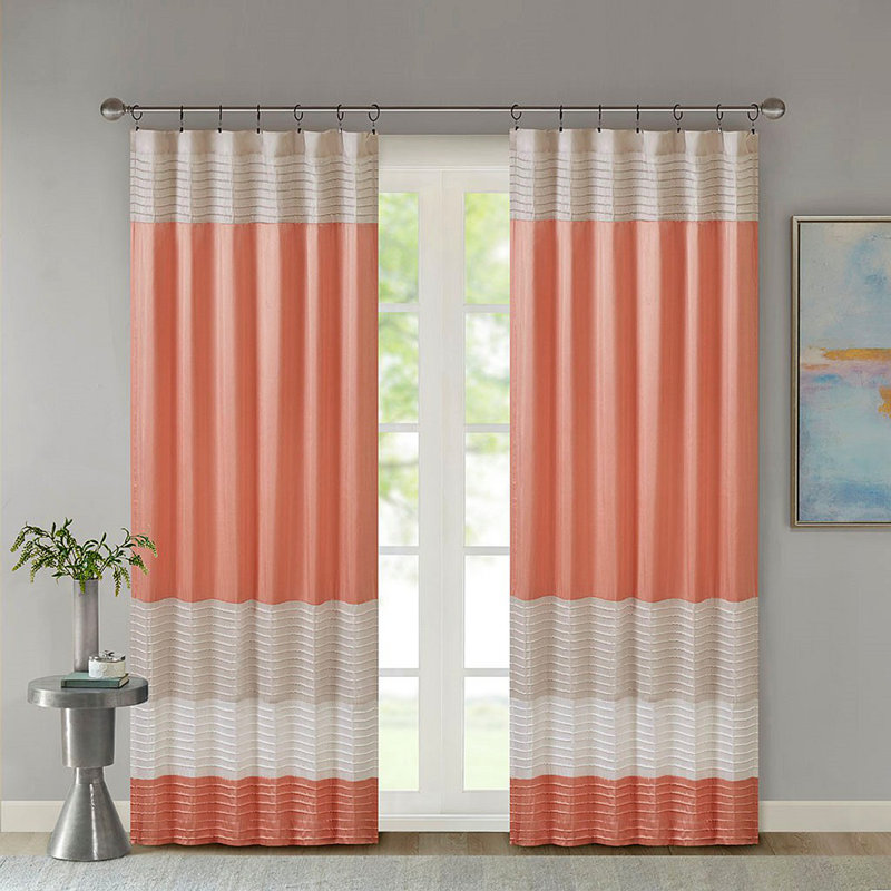 Polyoni Pintuck Curtain Panel(Only 1 Pc Panel), Orange/Beige, 50.03" W x 84.03" L