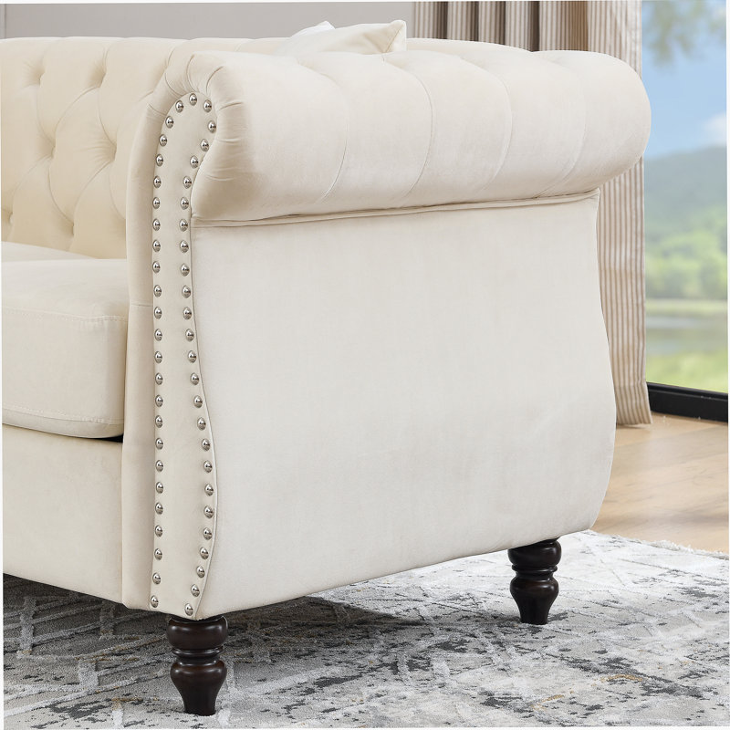 Chesterfield Velvet Tufted Sofa With Rolled Arms And Nailhead Trim, For Living Room, Bedroom Or Office Use., Beige