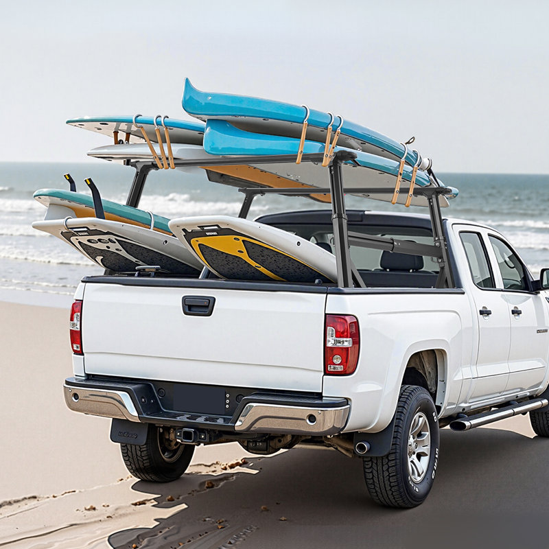 Support à échelle pour camion, hauteur de 21 à 31,5 po, support de rangement réglable en aluminium sans perçage avec barre latérale, capacité statique de 800 lb, idéal pour les canots, planches de surf, échelles, bois d'œuvre, tentes et grandes cargaisons