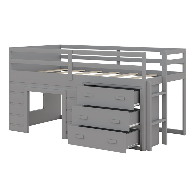 Loft Bed With Drawers And Shelf, Gray