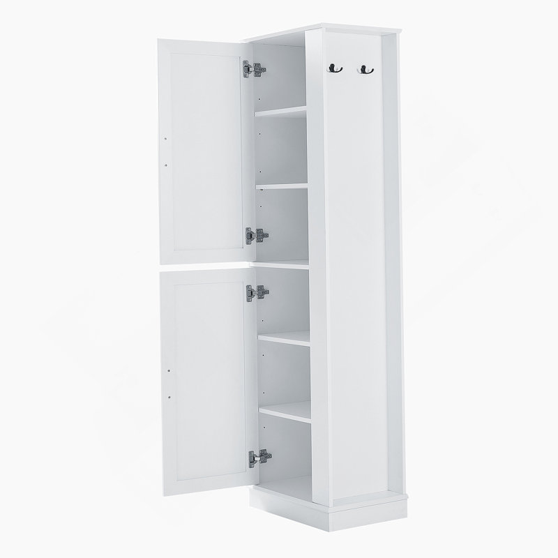 Grande armoire de rangement pour salle de bain, armoire de rangement autoportante avec crochet et tablette réglable, panneau de fibres à densité moyenne, blanc