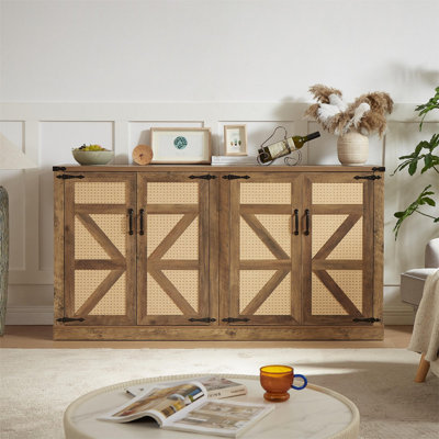 65-Inch Rustic Oak Color Faux Rattan Sideboard, Barn Door Rustic Style Sideboard -  Gracie Oaks, 6EB253E0B00D41C4866AFB51315D4EA6