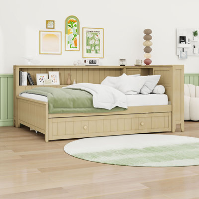 Full Wood Daybed with Shelves and Trundle