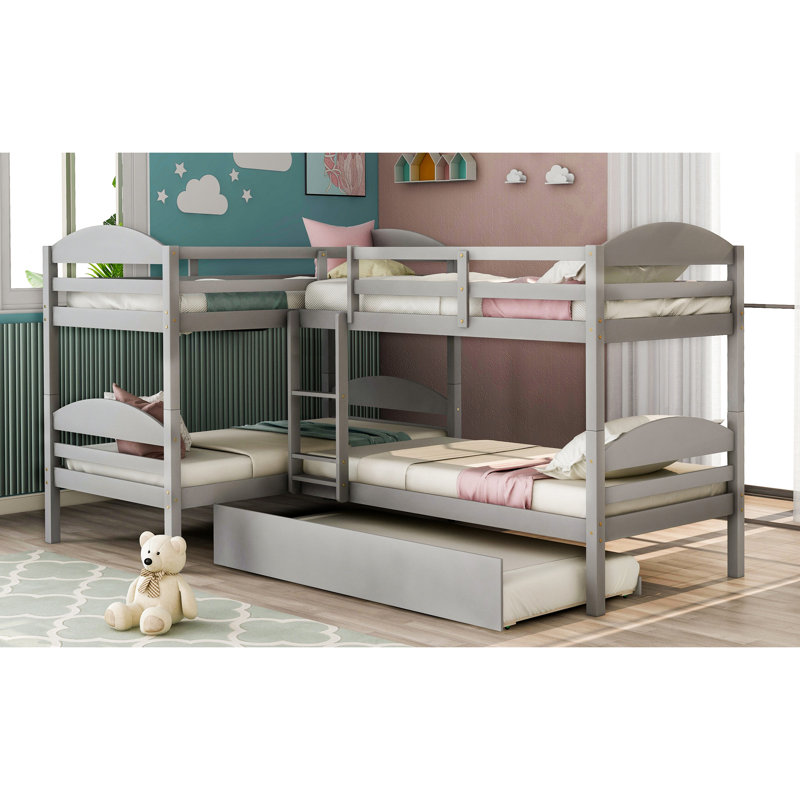 Lit simple superposé en forme de L avec lit gigogne gris - et lit gigogne fiable, sans sommier