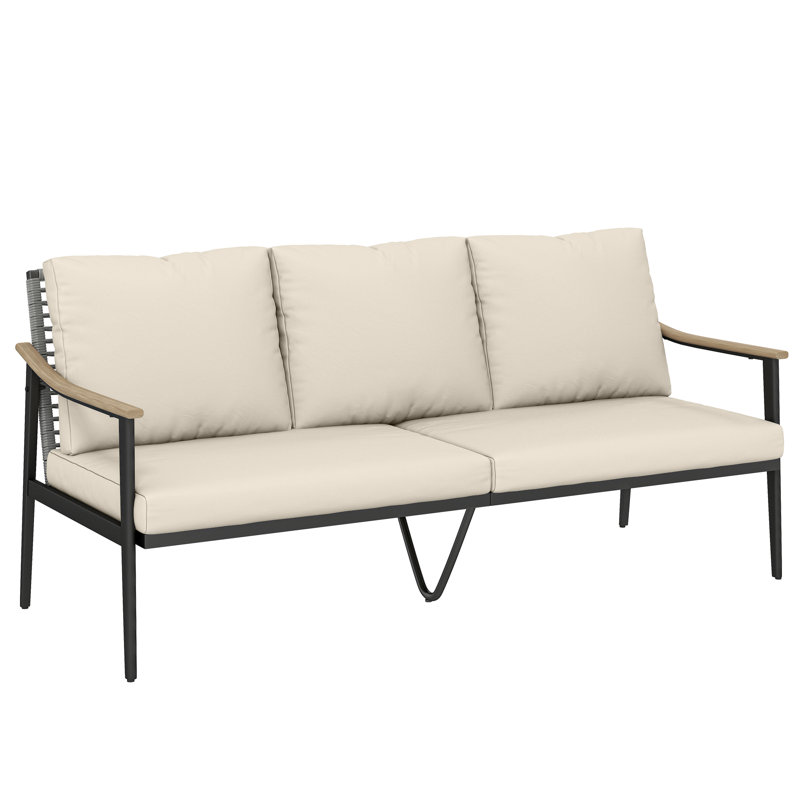 Outdoor Patio Couch, 3 Seater Outdoor Sofa with Wood-Effect Armrests and Wicker Backrest, Outdoor Patio Furniture Couch with Cushions, Steel Frame for Porch, Garden, Backyard, Khaki