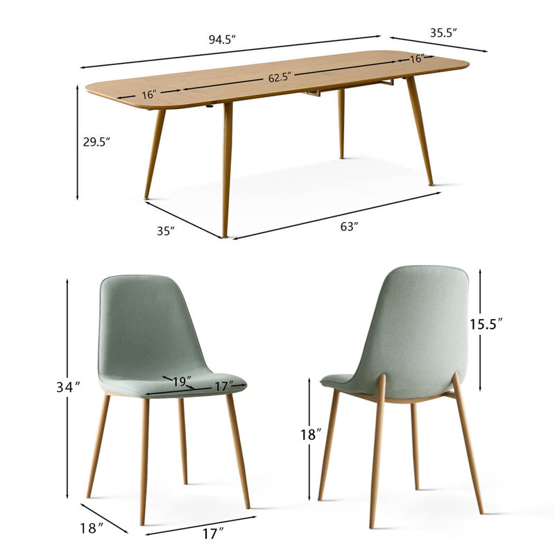  Ensemble de table de salle à manger 8 personnes Atkins avec table extensible et 8 chaises rembourrées en tissu, Turquoise