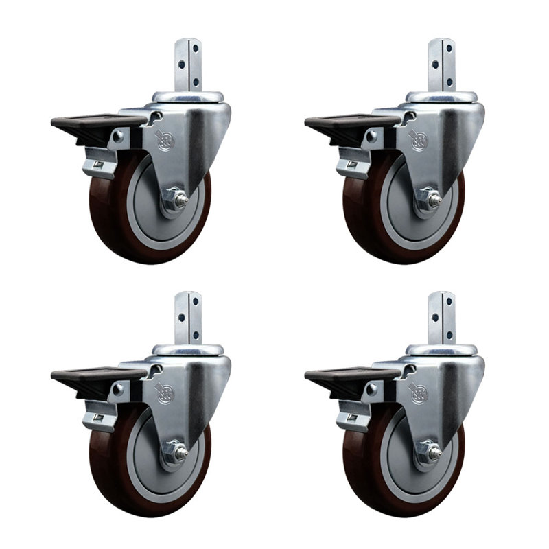 Ensemble de roulettes à tige carrée pivotante en poly avec frein SCC, Marron