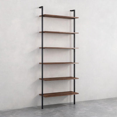 Warm brown particle board 6-shelf wall bookshelf for storing books and decor, modern minimalist open design 96-inch tall for bedroom and den