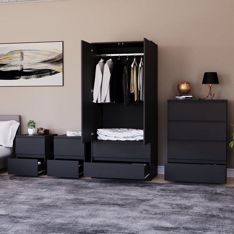 Tanino 4 Piece Bedroom Set (2 Drawer Large Bedside Chest X2, 4 Drawer Chest, 2 Door 2 Drawer Wardrobe), Black