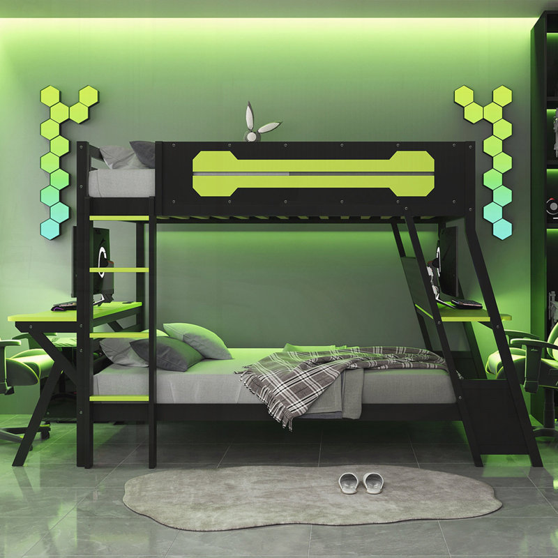 Lit moderne avec deux bureaux de jeu intégrés, ports USB et organisateur de panneau perforé, Double, Vert