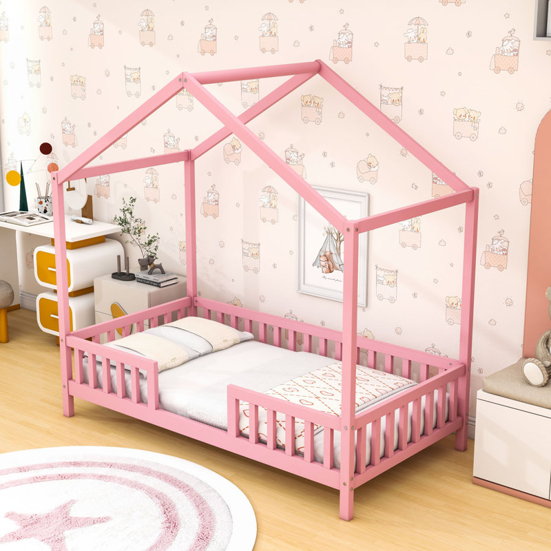 House Bed With Slats And Safety Railings, Twin, Pink