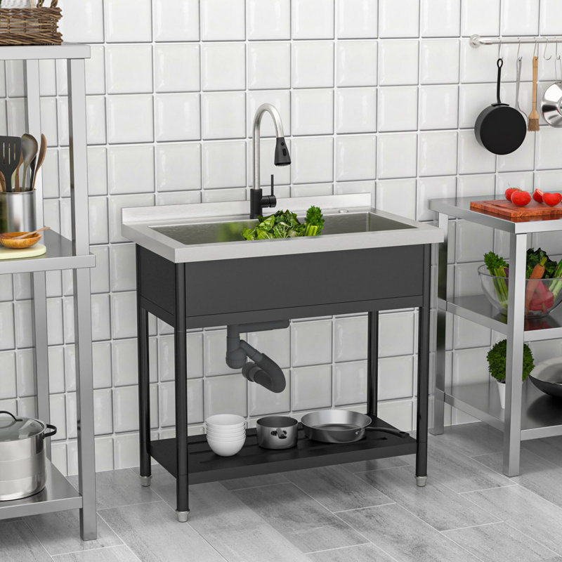 Commercial Stainless Steel Utility Sink with Faucet and Drain Laundry Sink Kitchen Yard Utility Sink, Black/Silver
