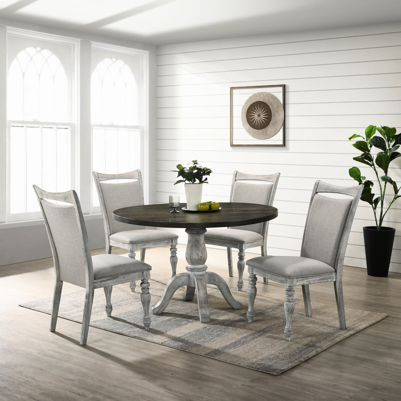 Ensemble de salle à manger 5 pièces, table ronde et 4 chaises, teinte blanc gris vieilli, gris, pied central avec chaises