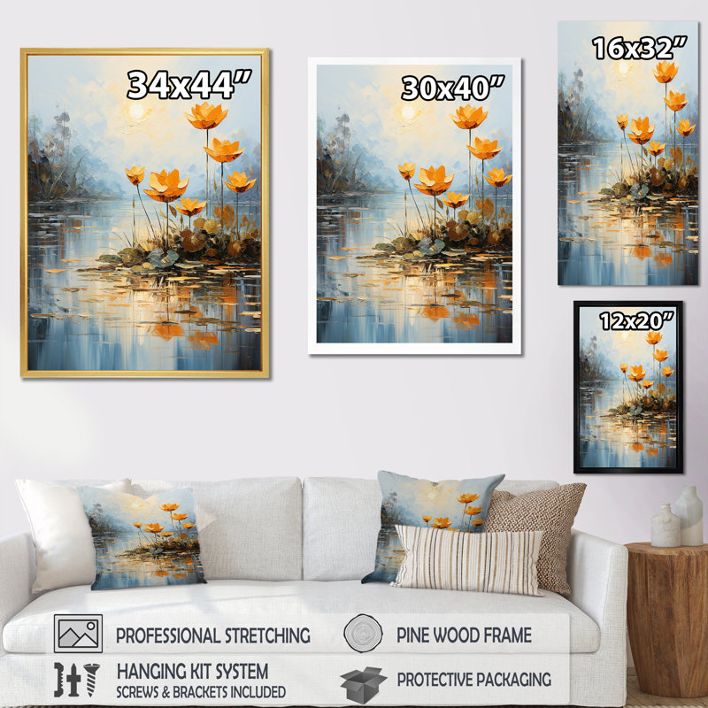 Golden Pond Lotus Tranquility II sur toile, Cadre doré simple, H 20 po x l 12 po x P 1 po