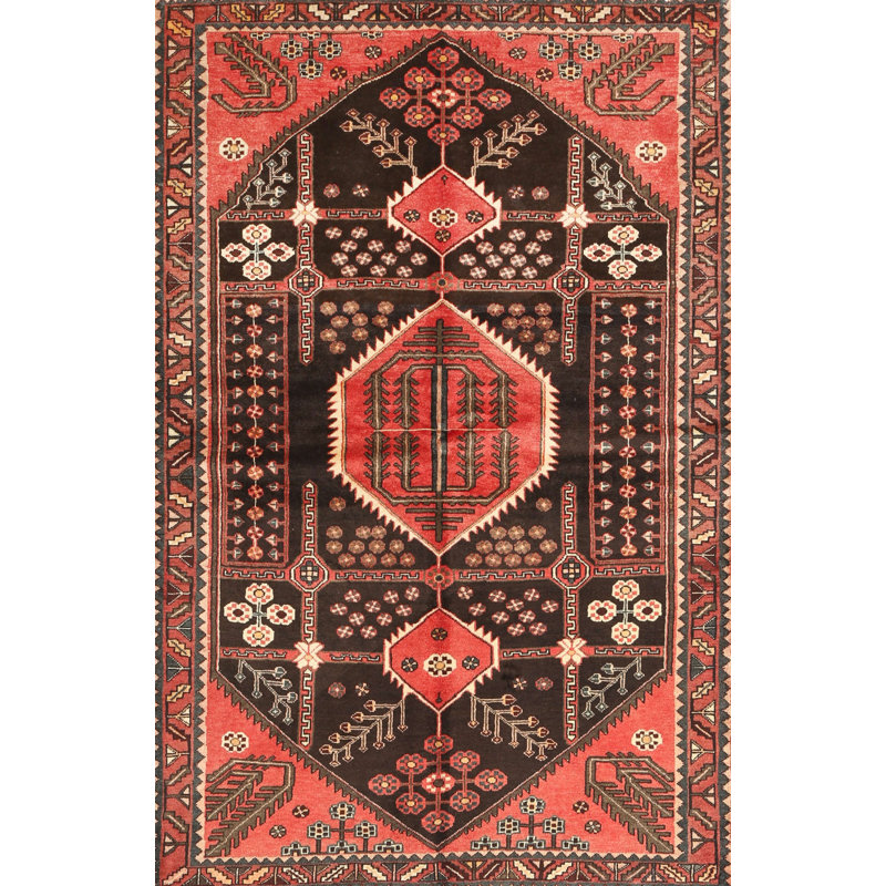Tapis décoratif en laine noir/rouge khajag, Rectangle 7 pi x 10 pi