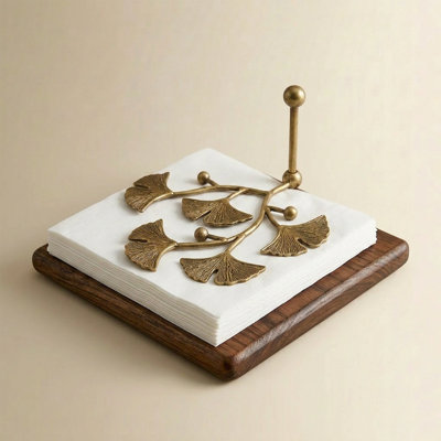 Porte-serviettes Ginkgo Leaf, base en bois avec barre de métal lestée, organisateur de table horizontal coupe-vent