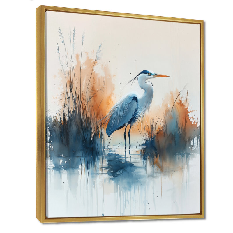 Bender Tranquil Heron By The Lake II - héron, art mural, H 44 po x l 34 po, Reproduction avec cadre flottant, Doré