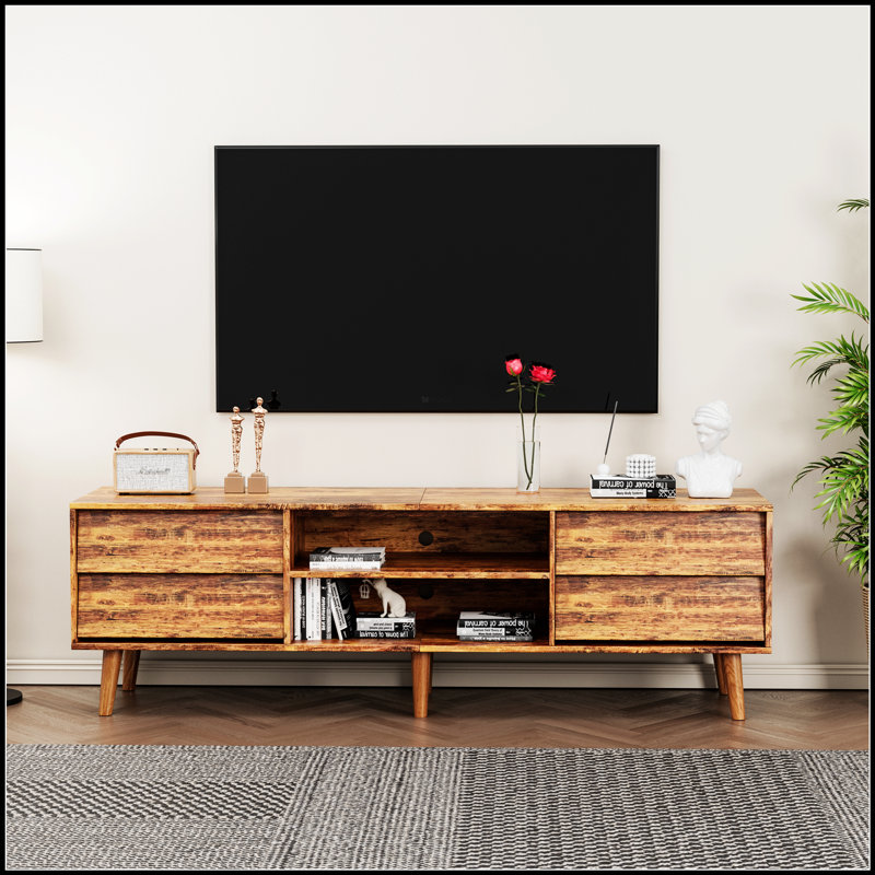 Meuble télé 63 pouces de style rétro avec design biseauté, tiroirs et pieds en bois robustes pour le divertissement dans le salon