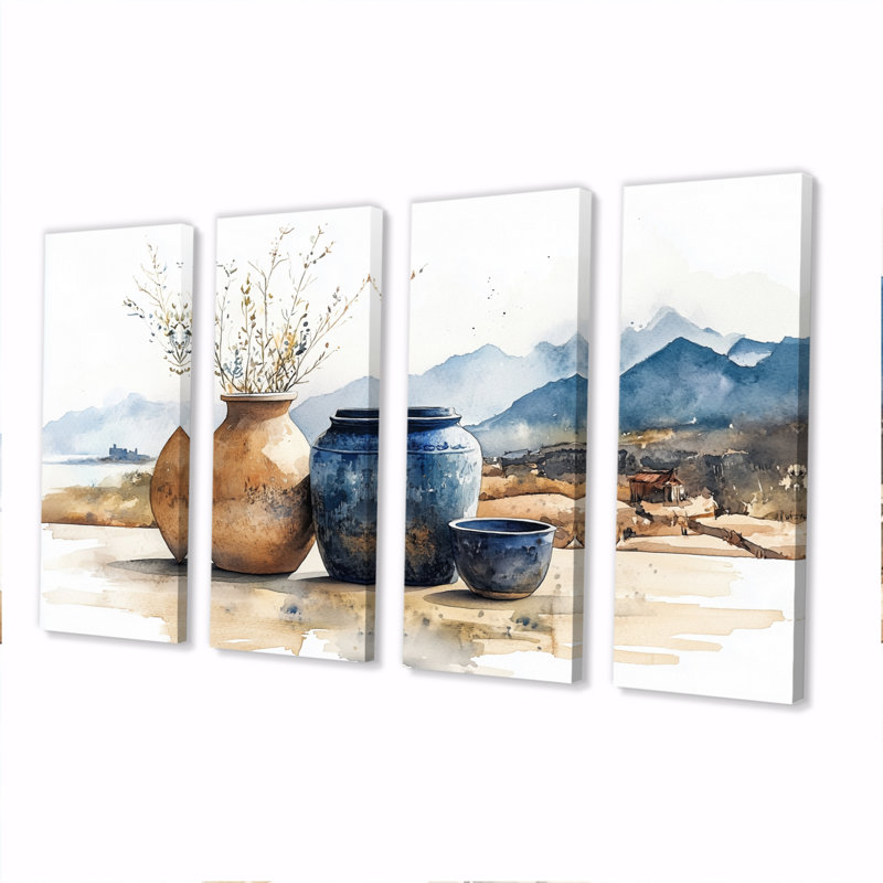 «Blue China and Orange China Pottery Serenity III - Boho Pottery», ensemble d'art sur toile, H 28 po x l 48 po