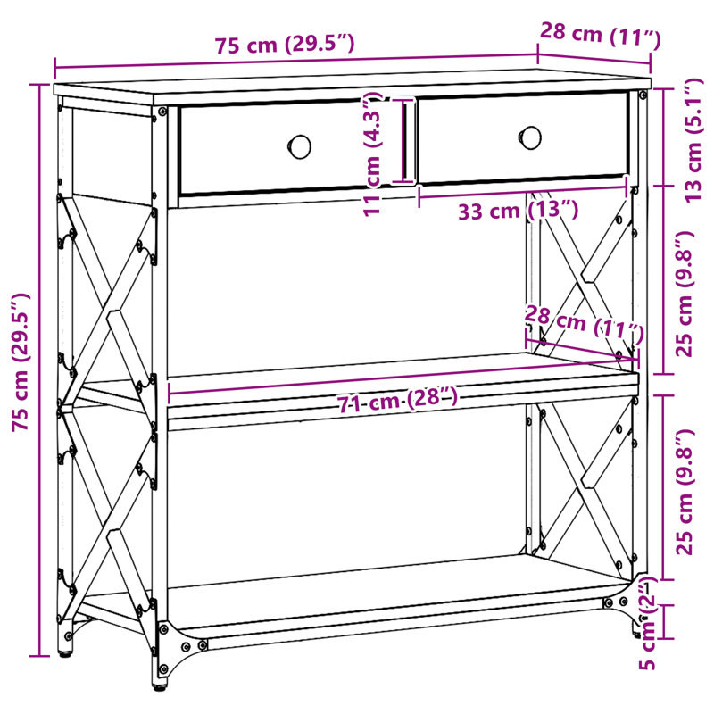 Console Table 100X28x75 Cm Engineered Wood & Steel, Black Oak, 75cm H x 75cm W x 28cm D