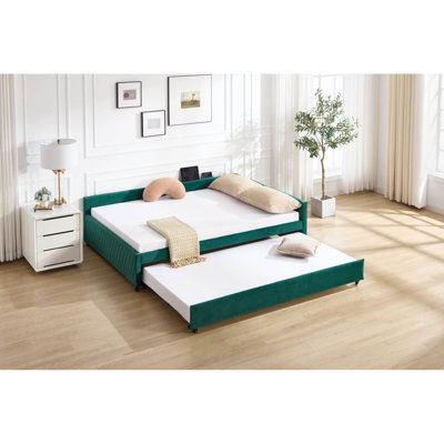 Lit de jour rembourré avec lit gigogne, structure de lit en bois robuste, conception de grille de diamant moderne, pour chambre à coucher, chambre d'amis (émeraude)