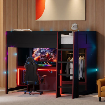 3 IN 1 Gaming Loft Bed with Built-in Desk Workstation and LED