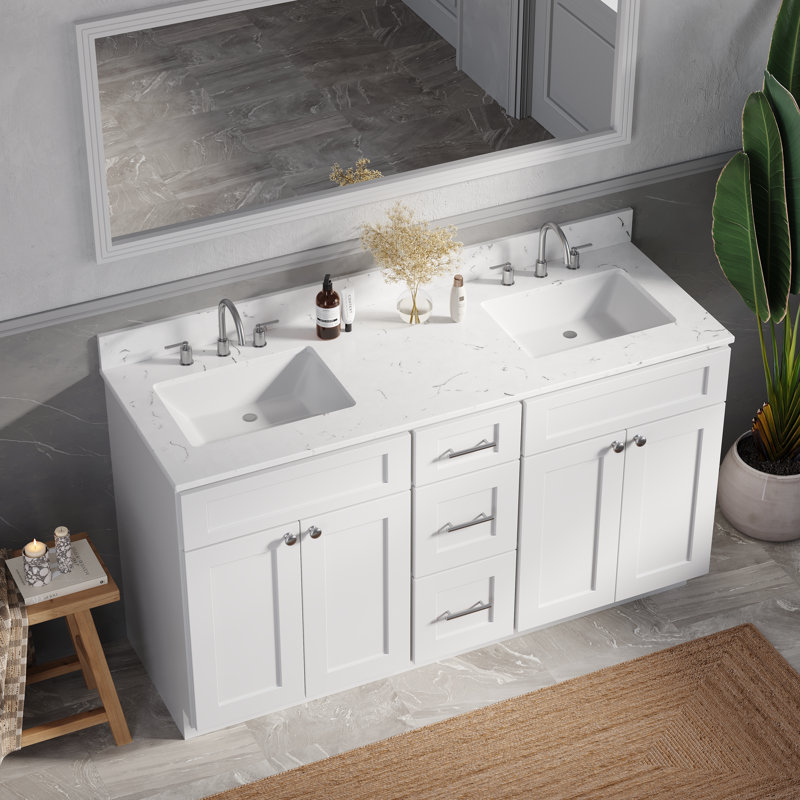 61'' Double Bathroom Vanity with Carrara Quartz Top, White