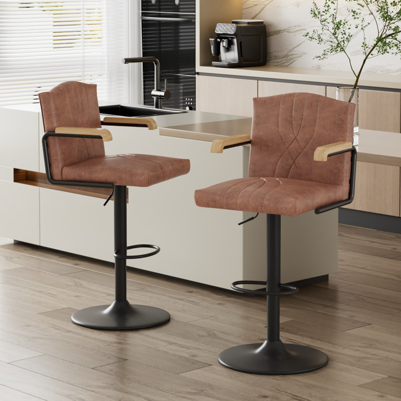 Set Of 2 Adjustable Swivel Bar Stools With Backs And Armrests, Faux Leather Kitchen Island Counter Height Bar Chairs With Round Metal Base And Footrest
