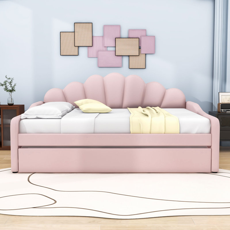 Full Upholstered Daybed Frame with Shell-Shaped Backrest and Twin Trundle, Pink