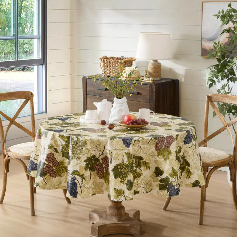 Nappe ronde en vinyle 70 po avec envers en flanelle, imprimé vigne, housse de table imperméable à l'eau pour l'extérieur, pique-nique, barbecue, patio et cuisine