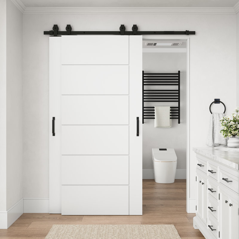Porte intérieure standard à panneaux plats 6 panneaux 48 po x 80 po, style moderne, en bois massif apprêté blanc, avec ensemble de quincaillerie pour porte coulissante de type grange