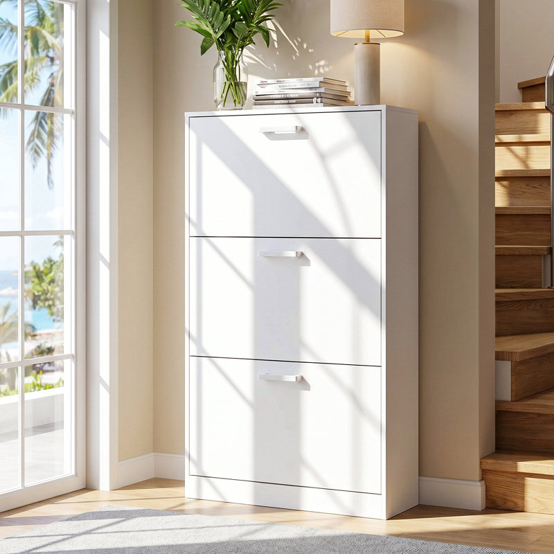Shoe Cabinet with 3 Flip Drawers, Modern Narrow Freestanding Shoe Organizer with Large Capacity for Entryway,Hallway, Living Room, White