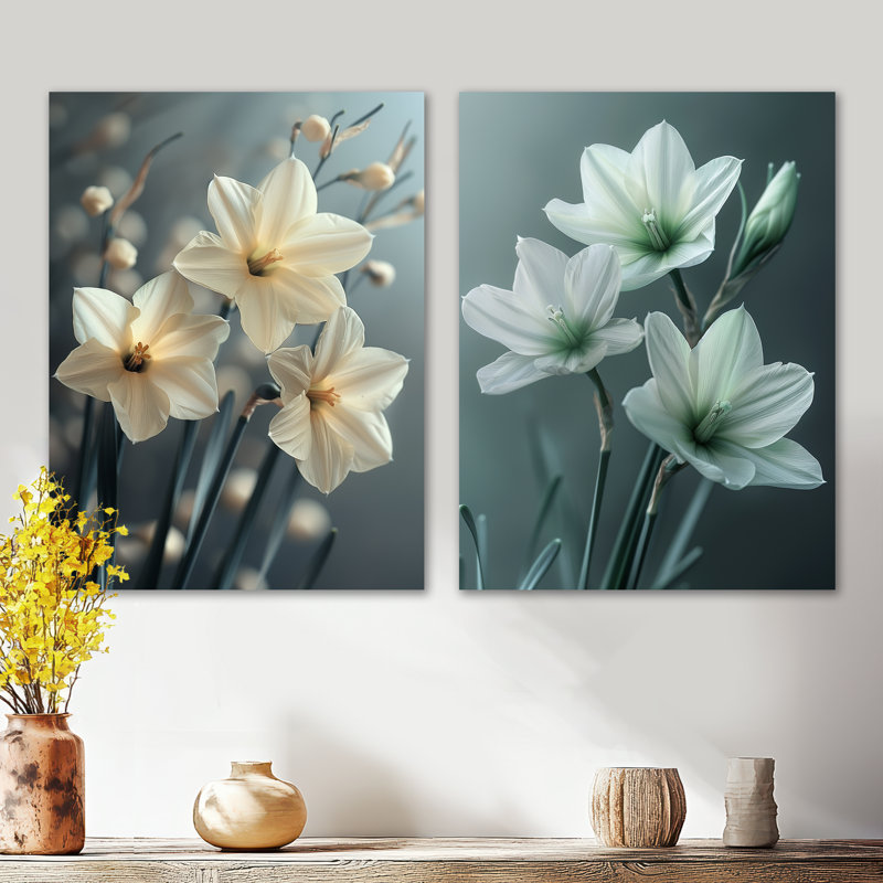 Jonquilles monochromes grises et blanches - Photo I - Jonquille, 2 impressions murales en métal, 32" H x 48" W