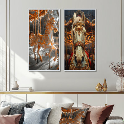 Gold White Fairy Tale Horse Carousel I - Carousel Wall Art 2 Pieces Set