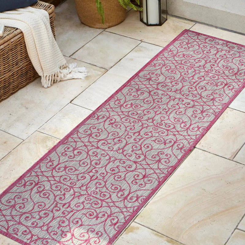Tapis d'intérieur / extérieur gris clair / fuchsia Deronte, Tapis de couloir 2 pi 2 po x 10 pi