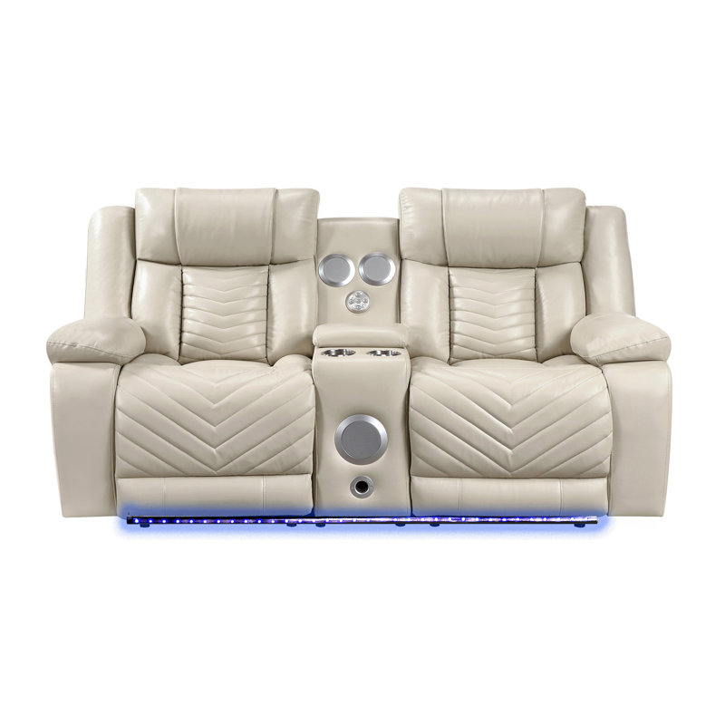 Canapé inclinable électrique deux places avec haut-parleur Bluetooth et ceinture DEL beige, Similicuir beige