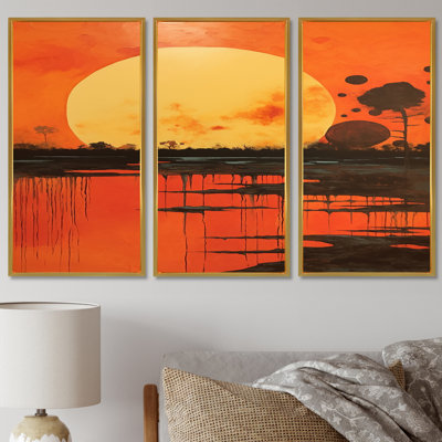 Full Moon Glory Over The Lake Retro Colors - Abstract Landscape Wall Art Decor Set