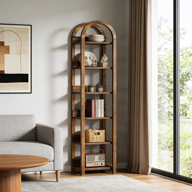 Bibliothèque arquée à 6 niveaux, conception sophistiquée pour les coins de lecture, s'adapte à différents étagères polyvalentes, grain de bois brun, unité de rangement mince, conception verticale compacte, économie d'espace