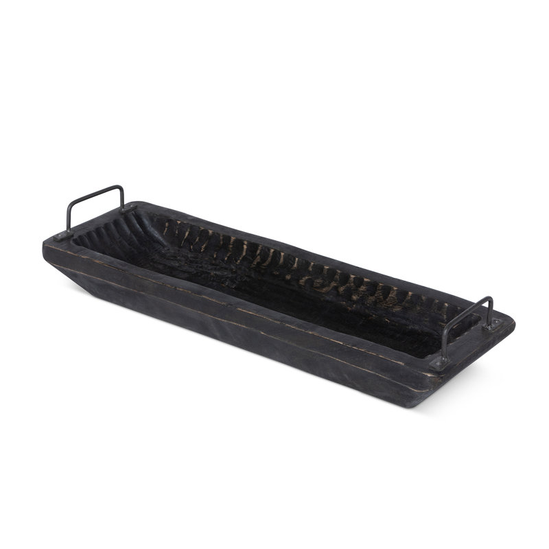 Carved Wood Tray with Iron Handles