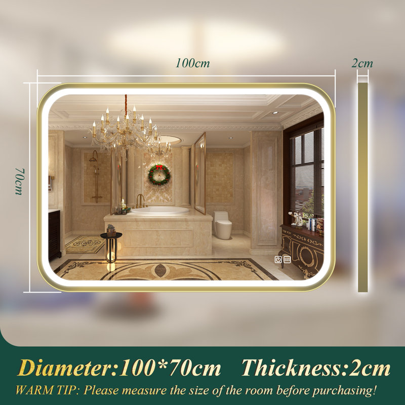 Harcrest Lighted Metal Framed Wall Mounted Bathroom in Gold, 70cm H x 100cm W