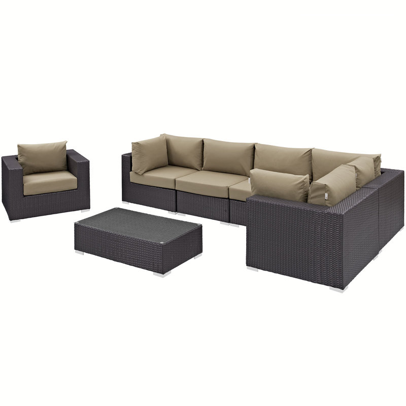 Modway Convene Wicker Rattan 7-Piece Outdoor Patio Sectional Sofa Furniture Set, Mocha