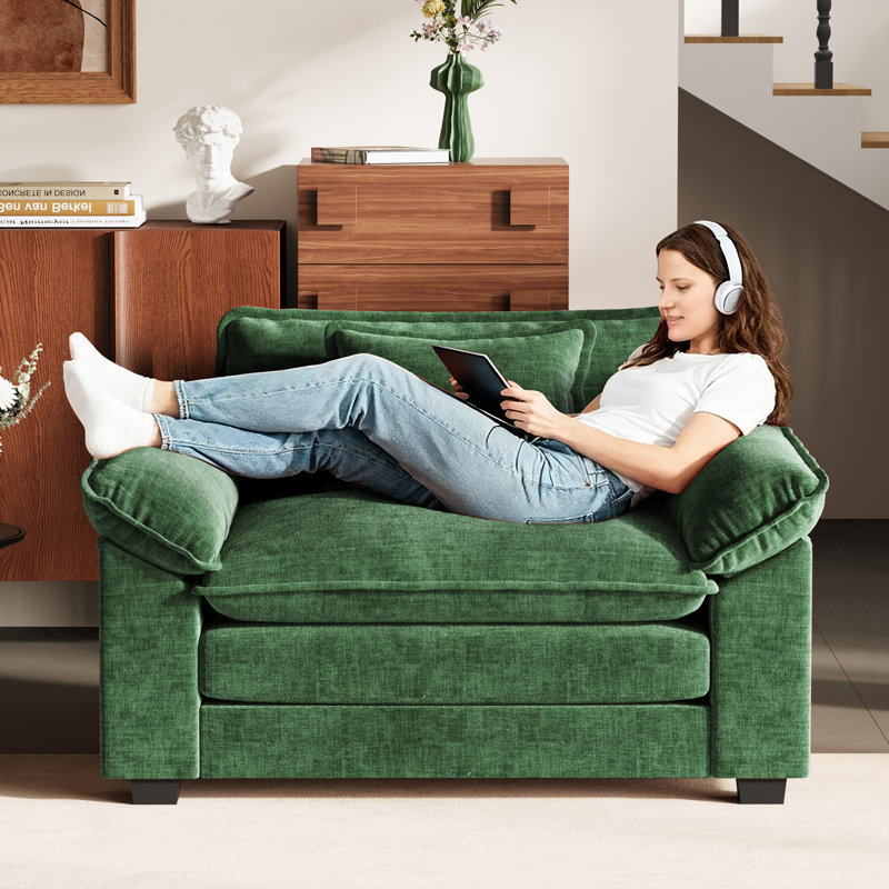 49.5'' W Oversized Premium Chenille Armchair And A Half With Accent Pillow & Removable Cushions, Green Chenille