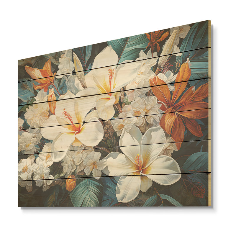 Fleur de plumeria beige et blanche - Art mural en bois sur bois de pin naturel, H 10 po x l 20 po